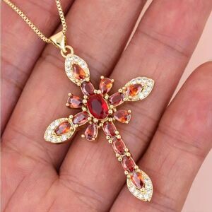 Elegant Gold and Red Cross Pendant Necklace